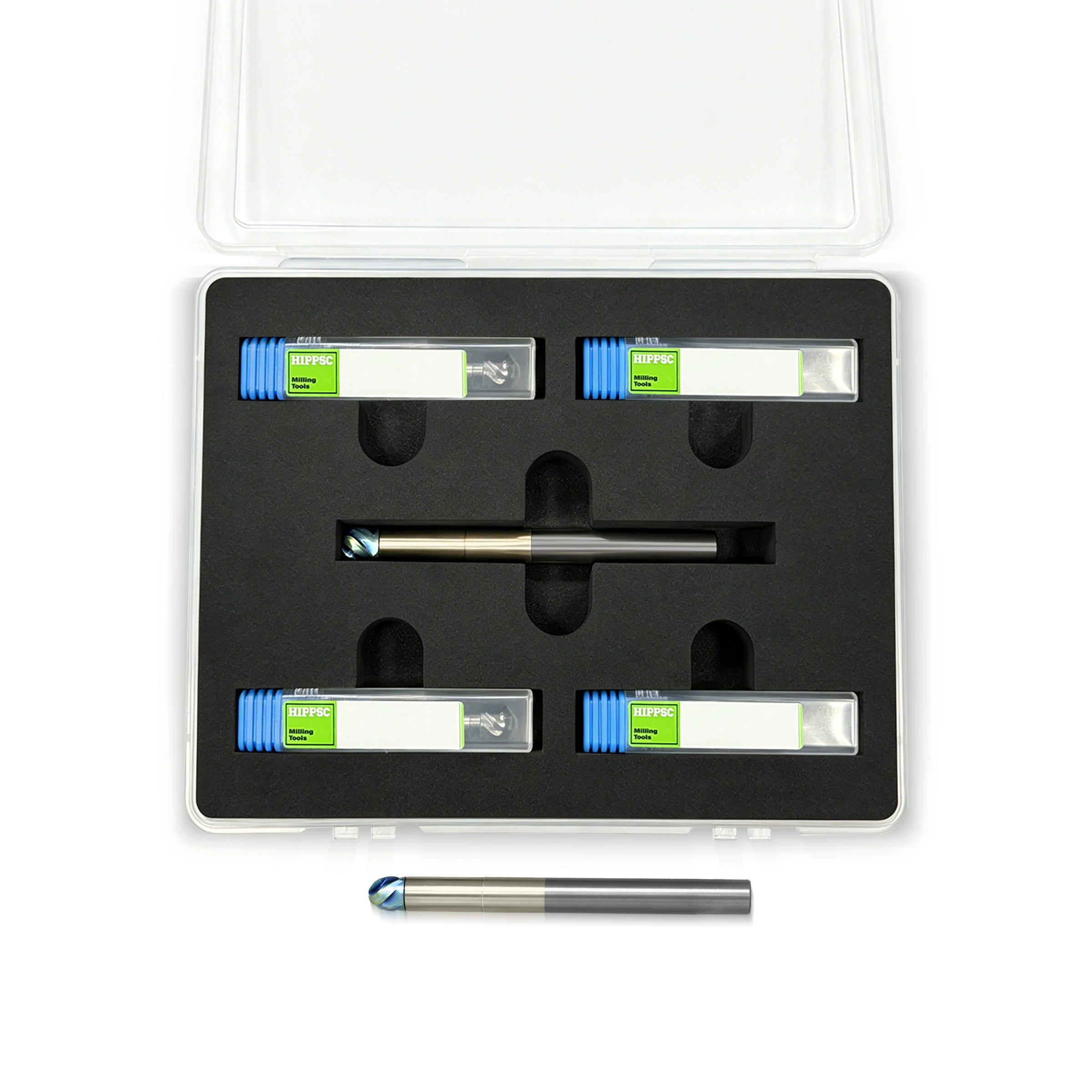 Ball Nose End Mill Set, Tool Dia 10mm, 4 Flute, Length 122mm, 1 Carbide Extension + 5 Cutters