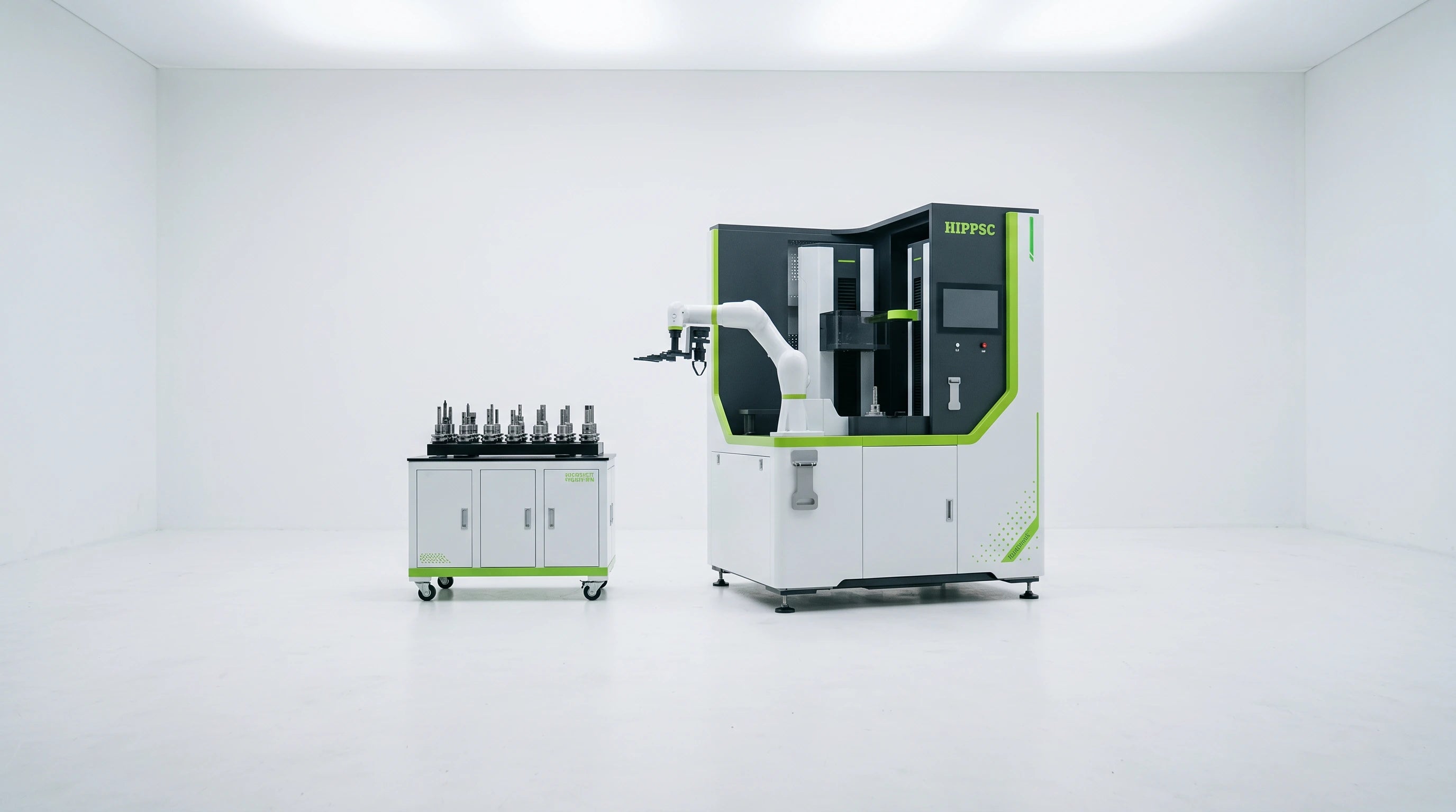 RoboTool shrink-fit and tool-presetting cell with white cobot arm